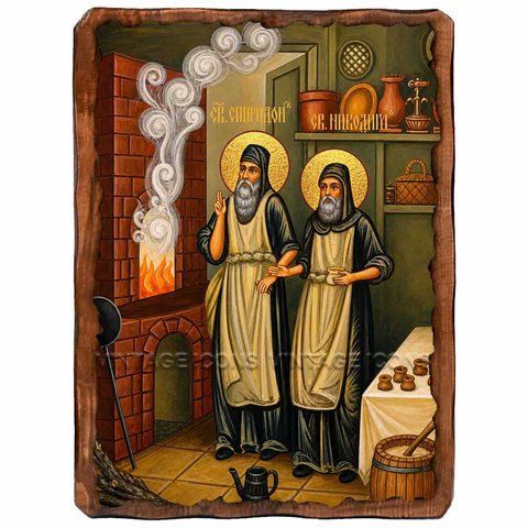 Спиридон и Никодим, просфорники Печерские, преподобные, икона на дереве 130х170 мм (Н-4203-1) Н-4203 фото