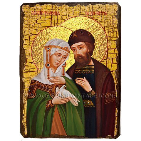 Ікона Петро і Февронія з голубом ,ікона на дереві 130х170 мм (1840-1) 1840 фото