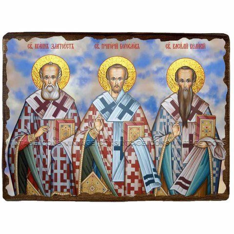 Ікона Три святителя "Василь Великий, Григорій Богослов та Іоанн Златоуст ,ікона на дереві 130х170 мм (3759-1) 3759 фото