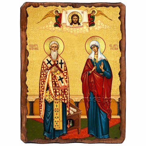Кипріан і Юстина, Антіохійські великомученики, ікона на дереві 130х170 мм (П-1162-1) П-1162 фото