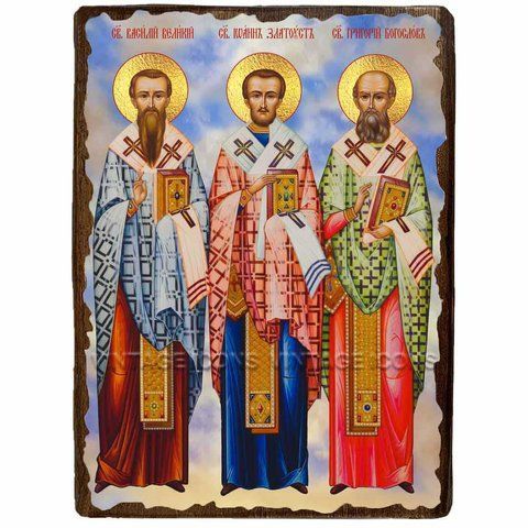 Ікона Три святителя "Василь Великий, Григорій Богослов та Іоанн Златоуст ,ікона на дереві 130х170 мм (3760-1) 3760 фото