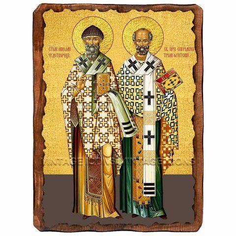 Николай Чудотворец и Спиридон Тримифунтский, святители, икона на дереве 130х170 мм (П-2021-1) П-2021 фото