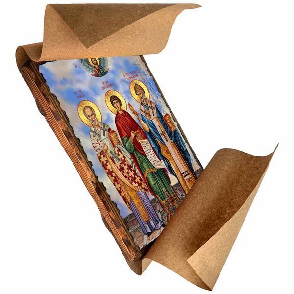 Николай Чудотворец, Пантелеймон и Спиридон Тримифунтский, святые, икона на дереве 130х170 мм (Н-4607-1) Н-4607 фото